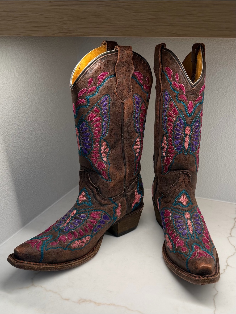 Corral Brown Suede Lace-Up Western Boots with Pink & Teal Embroidery